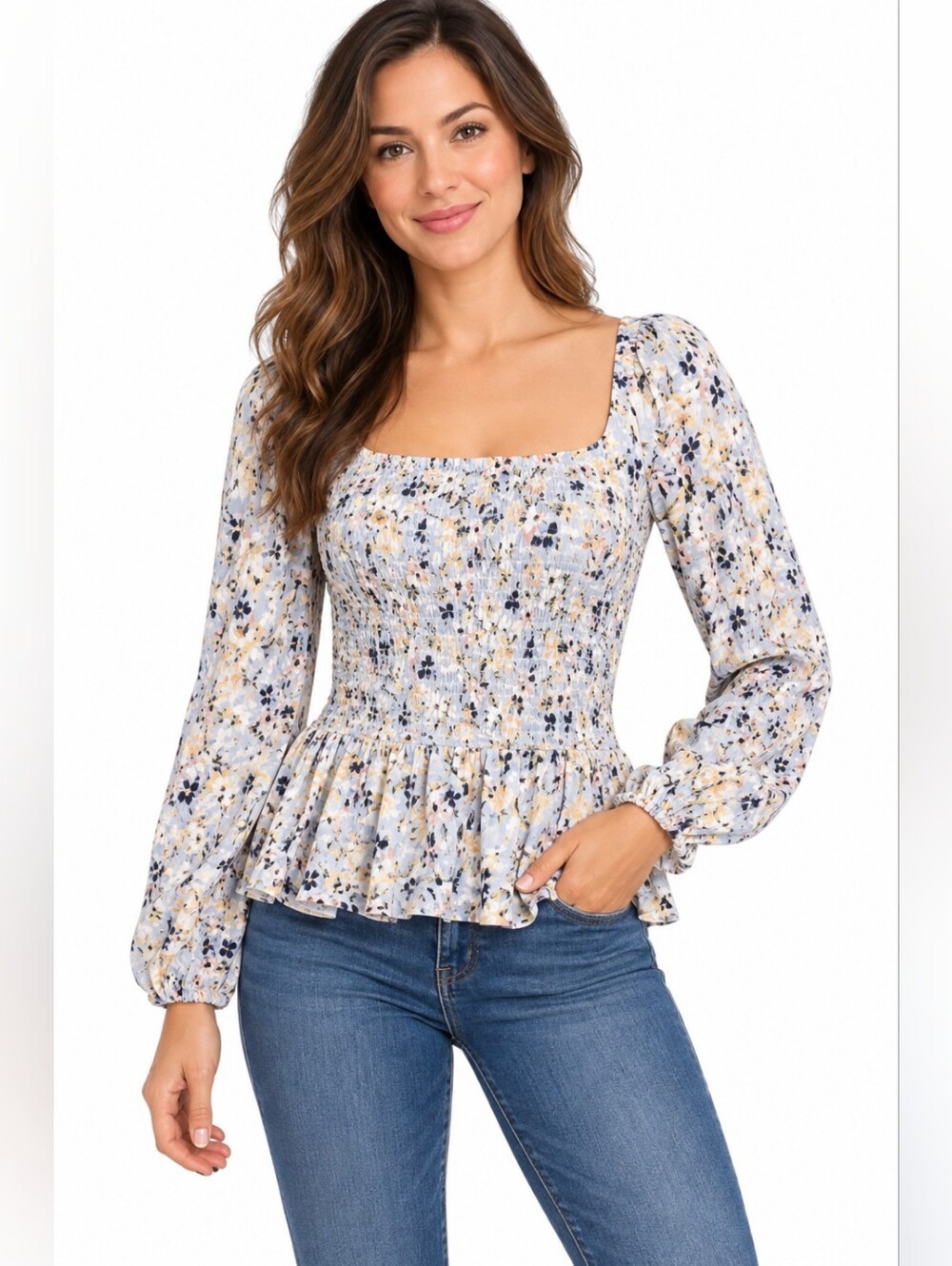 White Birch Women's Top Meshed Blue Floral Off Shoulders Blousen Sleeve Boho L